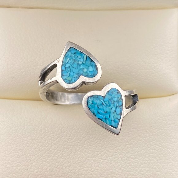 Vintage Sterling Silver Adjustable Ring Turquoise Chip Inlay Double Heart Love - Picture 8 of 12